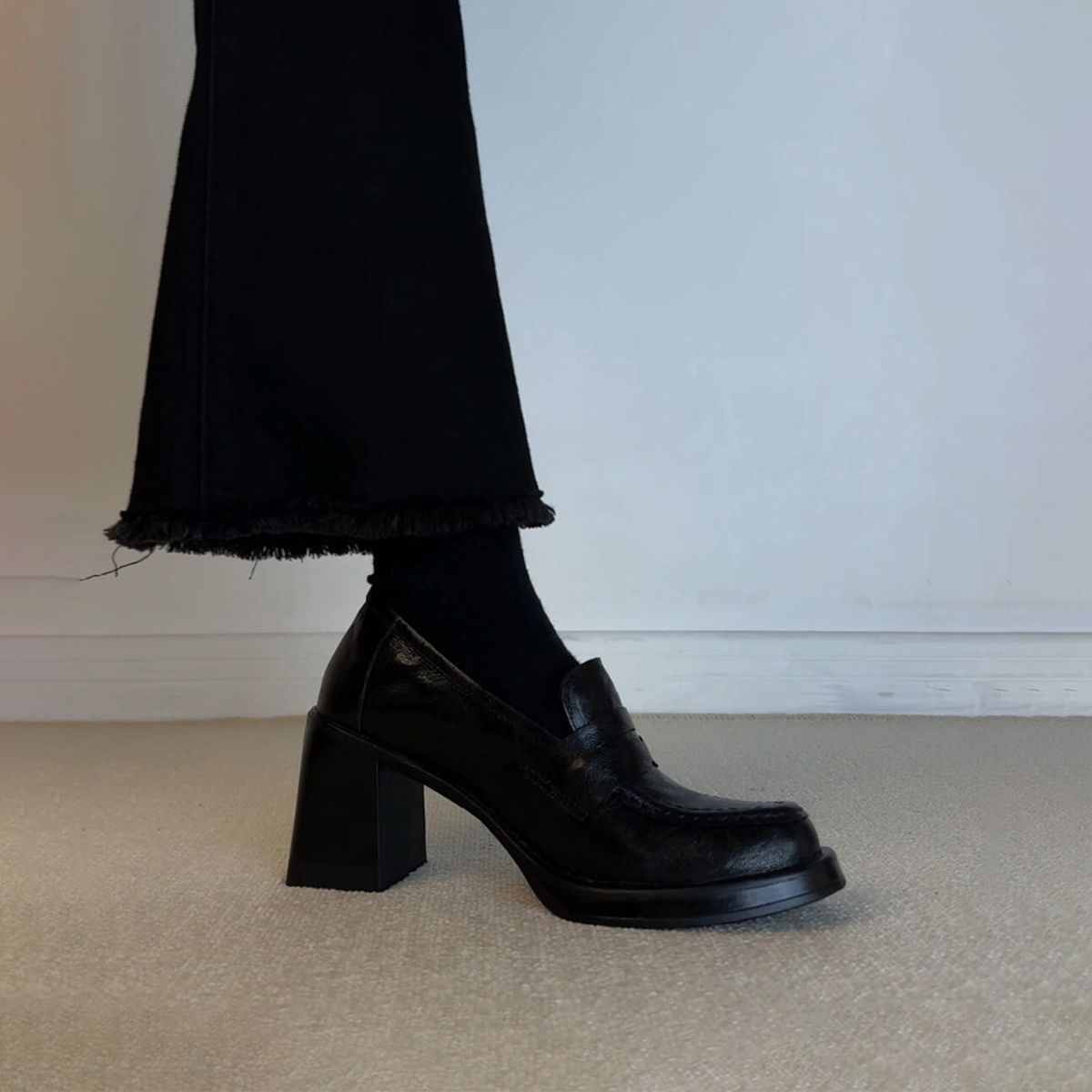 Getskinnsversion ~ Autentiska loafers Dam Retro Svarta Slip-on Platta Skor Eleganta Högklackade Arbetskläder Mångsidiga Liten_voghion.com