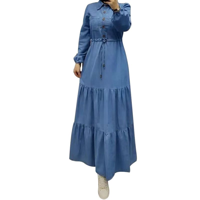  Women's Blue Patchwork Maxi Dress Dubai Turkish Clothing Fashionable Elegant Denim Dress_voghion.com