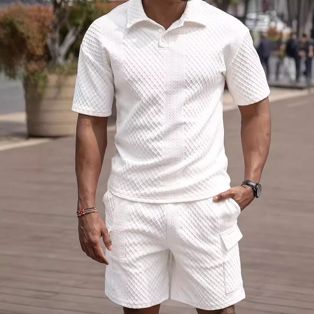 Herrenbekleidung Sommer Neue Casual Button Down Revers Hemd Einfarbig Kurzarm Shorts Anzug Für Männer_voghion.com