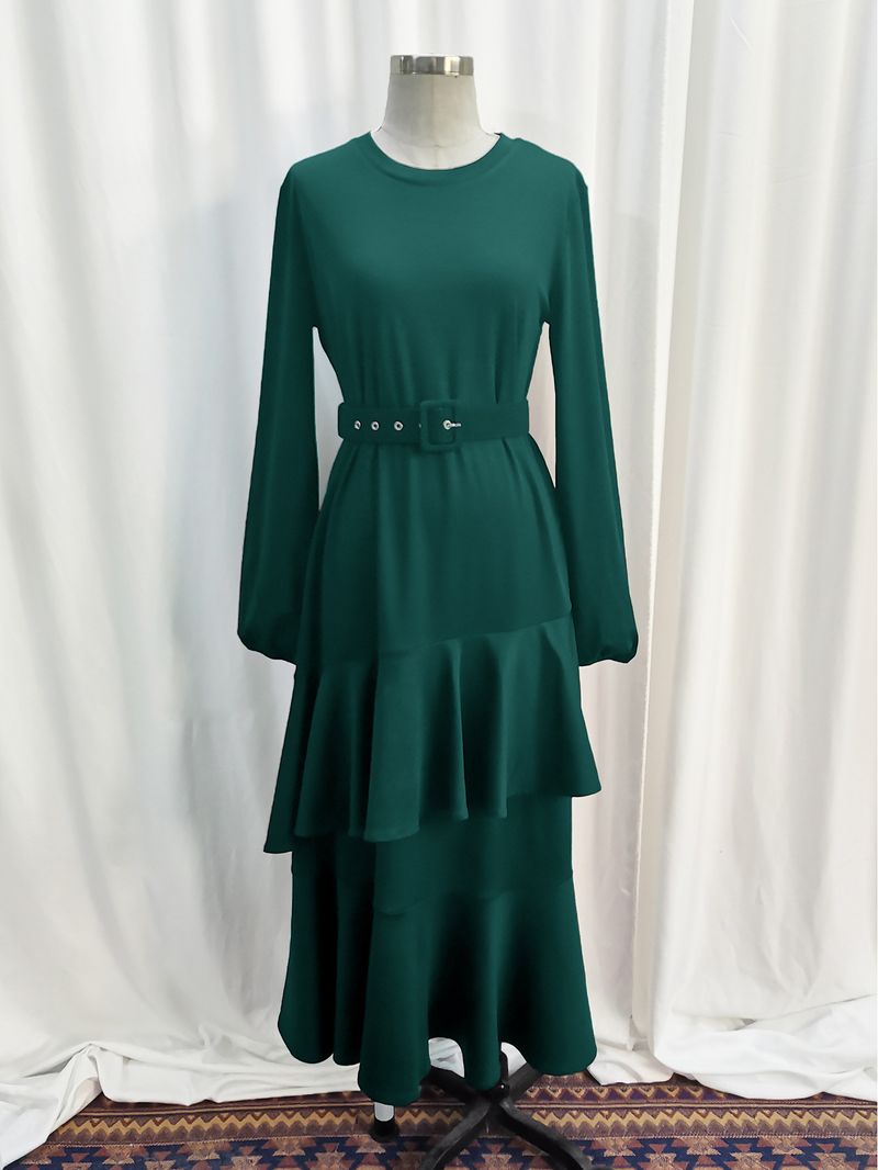 Robe longue musulmane modeste – Taille à volants double épaisseur, couleur unie tricotée (vert foncé/noir, S-XL)_voghion.com