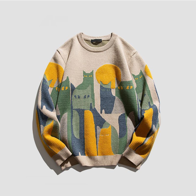 Roupas masculinas 2024 Outono e inverno Nova tendência nacional Desenho animado Gato Suéter Masculino e Feminino Solto Moda Marca Malha Suéter Bottom Casal Jaqueta_voghion.com