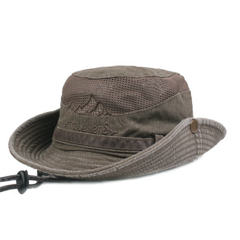 Varmt salg menn bøtte med justerbar stropp bokstaver broderi mønster fiskerhatt hul ut cowboy cap klær tilbehør_voghion.com