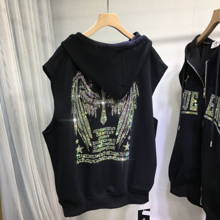Women's Clothing Fat Mm Heavy Hot Diamond Wings Hooded Cardigan Sleeveless Vest Waistcoat Jacket Vest_voghion.com