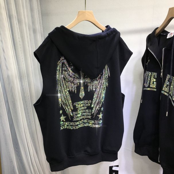 Women's Clothing Fat Mm Heavy Hot Diamond Wings Hooded Cardigan Sleeveless Vest Waistcoat Jacket Vest_voghion.com