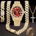 Hip Hop Diamond-Studded Watch Five-Piece Set With Diamond-Shaped Chain Cross Necklace And Cuban Ring_voghion.com