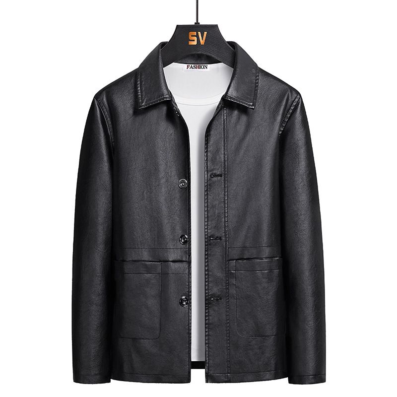 spring and autumn leather jackets for men, middle-aged business casual jackets, suit collars, fitted solid color leather jackets for men wholesale_voghion.com