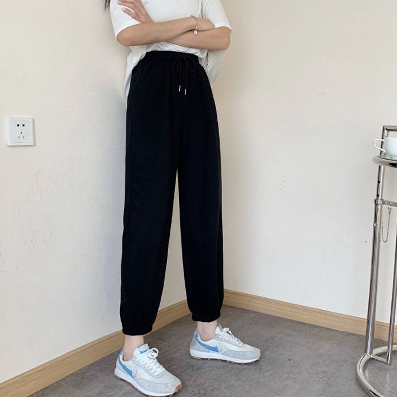 Pantalones deportivos de cintura alta para mujer, versión coreana, con felpa y engrosamiento, para otoño e invierno, pantalones tipo harén con pierna ajustada._voghion.com