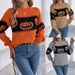 Maglione pullover a maniche lunghe color block con testa di zucca, tema Halloween, autunno inverno, moda donna_voghion.com