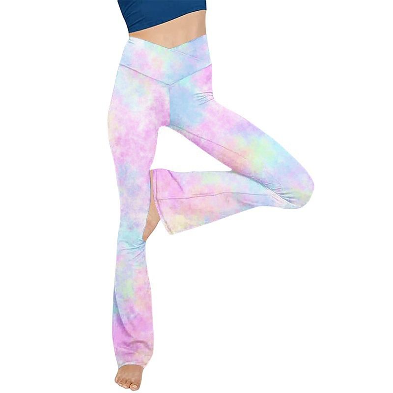 Damen Yoga Große Größe Digitaldruck Cross-Waist Schlaghose Slim Fit_voghion.com