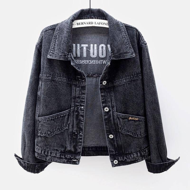 Giacca in denim chiaro da donna in stile coreano – Cappotto corto ricamato dalla vestibilità ampia (bluastro/nero, S-5XL)_voghion.com
