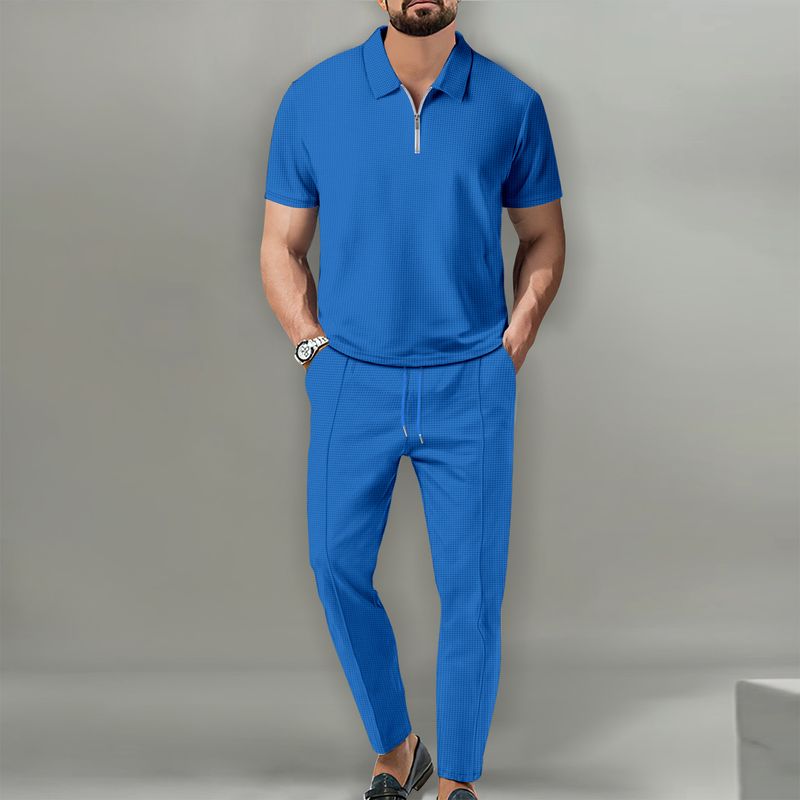 Vêtements pour hommes Costume de couleur unie pour hommes, revers gaufré, manches courtes, pantalon à fermeture éclair_voghion.com