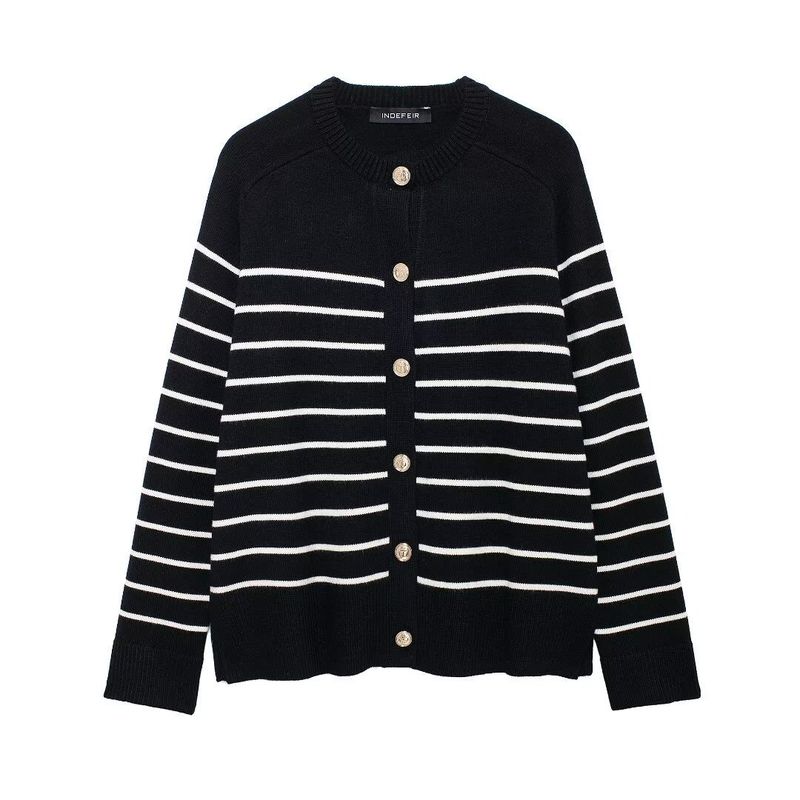 Women's clothing 2024 autumn and winter new style striped loose knit cardigan jacket_voghion.com