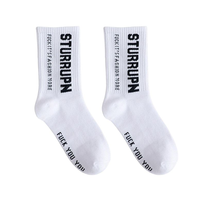 Zhuoxinder 1 par besætningsstrømper Ultra Soft Streetwear Alle årstider Engelsk bogstavtryk Casual Mid Tube Bomuldsstrømper Dametøj-Sort One Size_voghion.com
