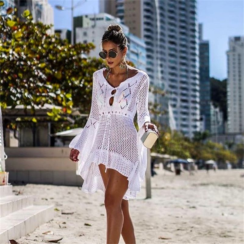  Women's Irregular Deep V Sexy Hollow Out Woven Beach Cover Up Dress Cover-up_voghion.com
