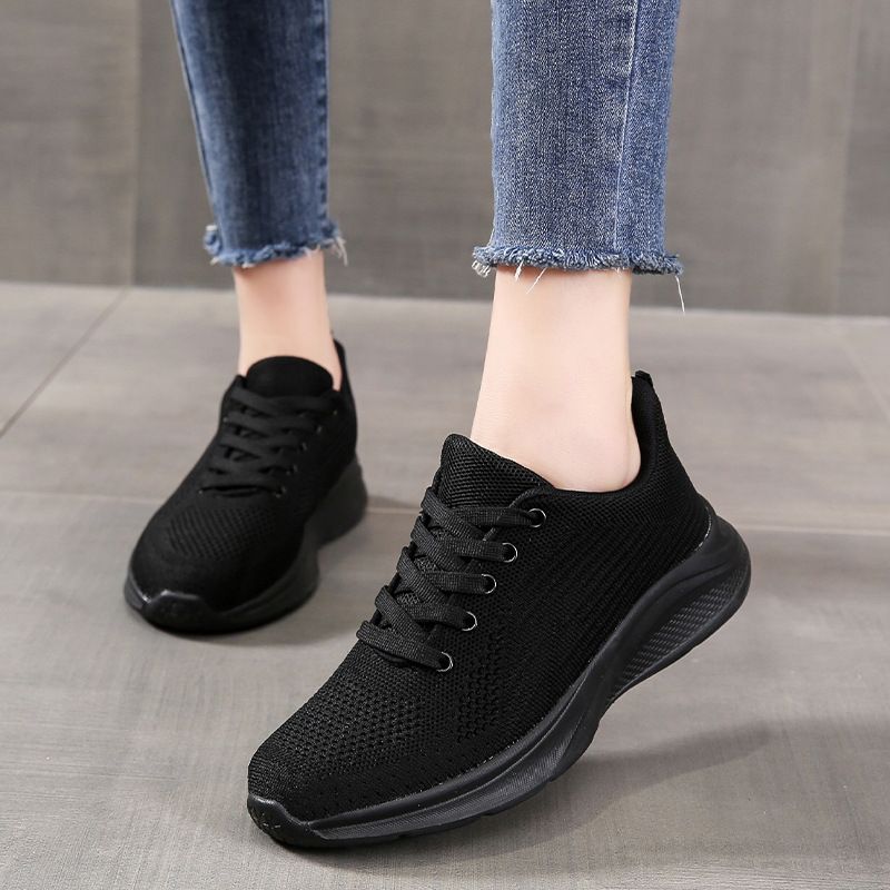 Comfortable all black 2024 spring/summer mesh breathable sports women's soft sole running casual work shoes_voghion.com