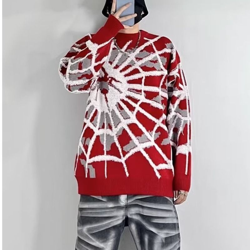 Férfi ruházat Design sense őszi-téli lusta márkájú túlméretezett pulóver pókmintás jacquard kerek nyakú páros pulóver_voghion.com