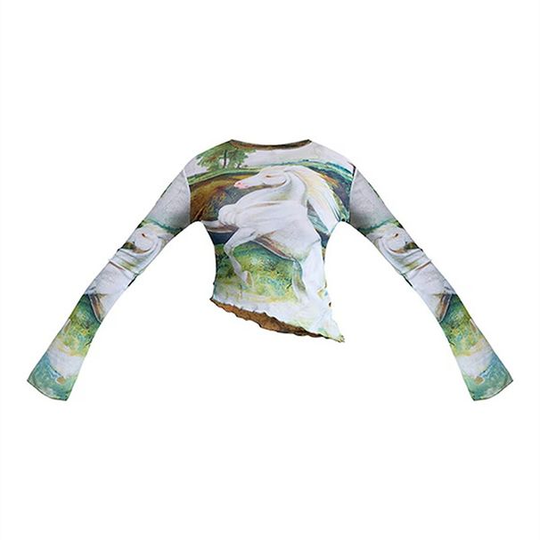 Γυναικείο Φθινοπωρινό Νέο Casual T-shirt με Εκτεταμένο Λευκό Στάμπα με Στρογγυλή Λαιμόκοψη και Μακρυμάνικο Στυλ, Λοξό Τοπ_voghion.com