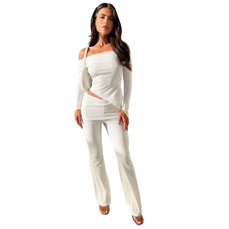 GL6706 Damenmode, klein gerippt, unregelmäßig, schulterfrei, Revers, Taille, Schlaghose, zweiteiliges Set_voghion.com