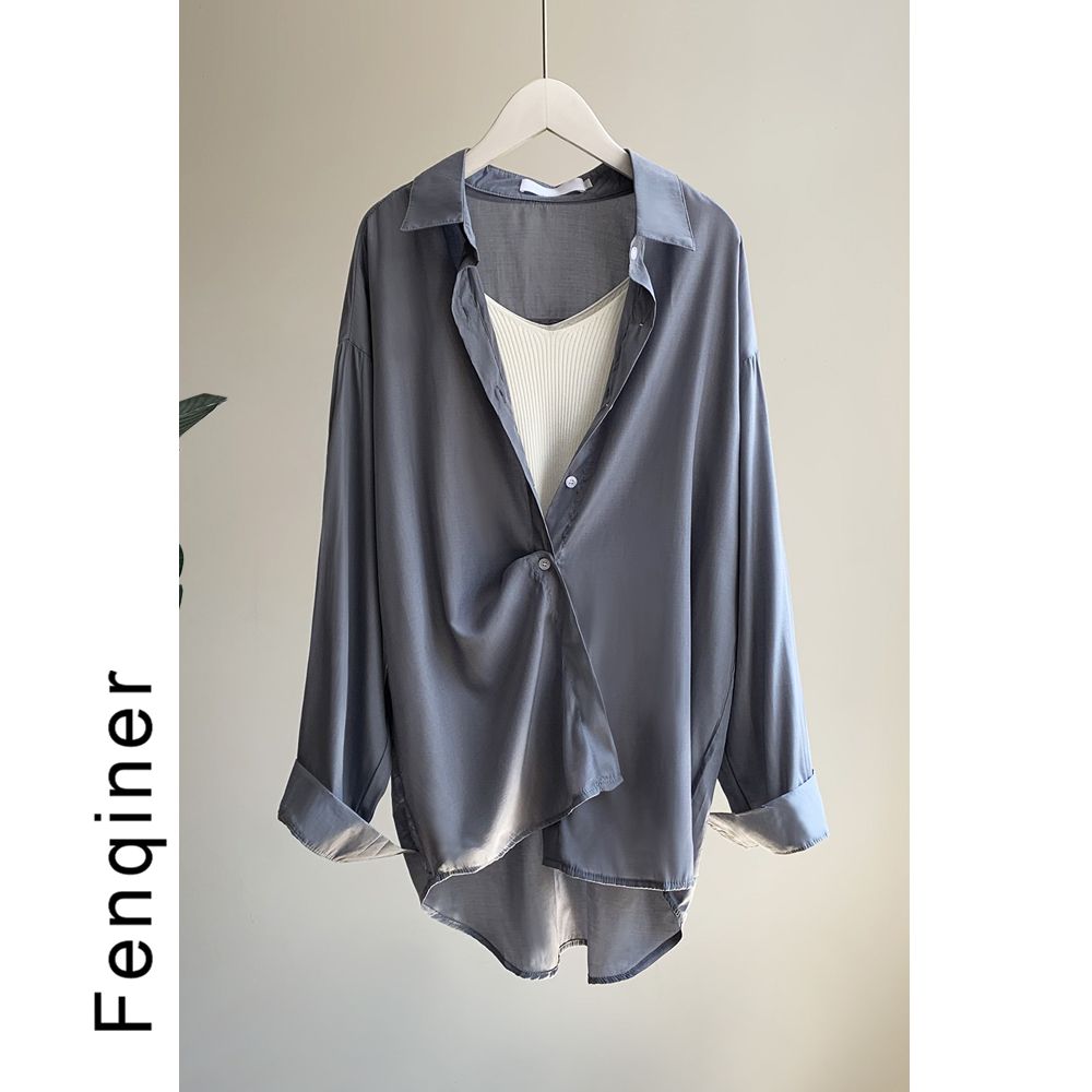 Camicia bianca a maniche lunghe in chiffon e abbigliamento anti-sole_voghion.com