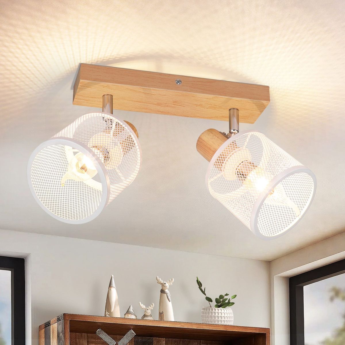 Glitzerlife Deckenstrahler 2 Flammig Weiß Deckenlampe Holz - Deckenleuchte E14 Moderne Deckenleuchte Schwenkbar 350° Max.25w Innen Holzoptik Spotlights Für Flur_voghion.com