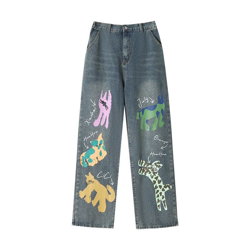Women's Clothing Large Size Cartoon Printed Denim Trousers For Women Spring And Autumn New Style_voghion.com