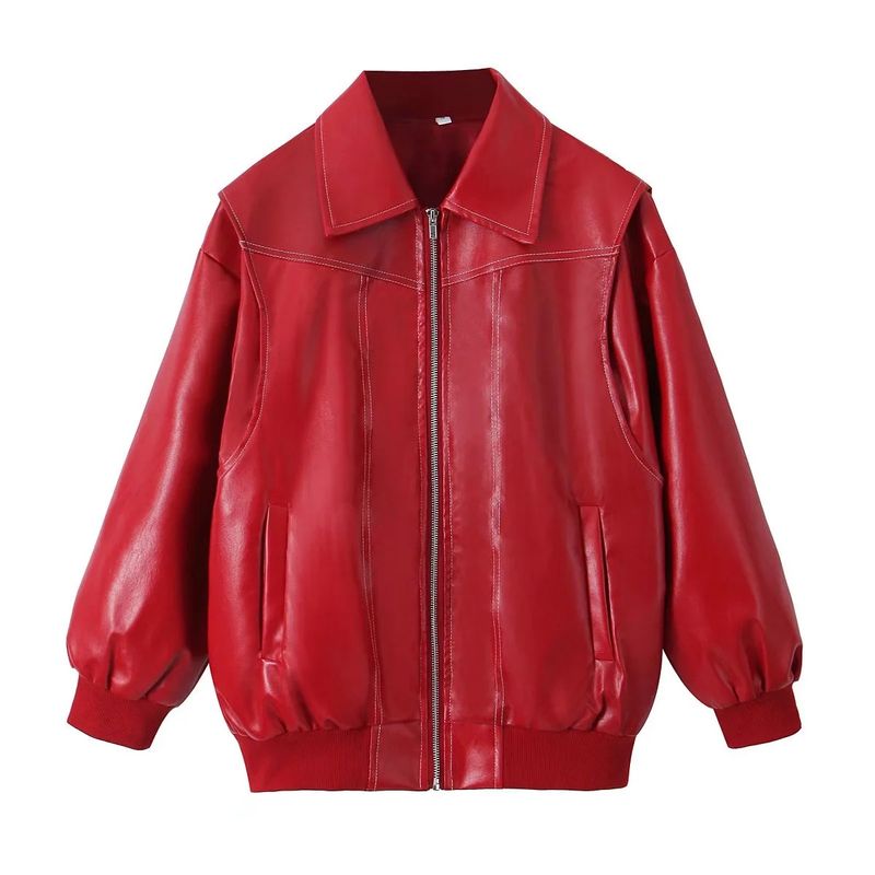 Abbigliamento da donna Giacca in PU alla moda da donna - Elegante bomber rosso e nero per la moda di strada (S/M/L/XL)_voghion.com