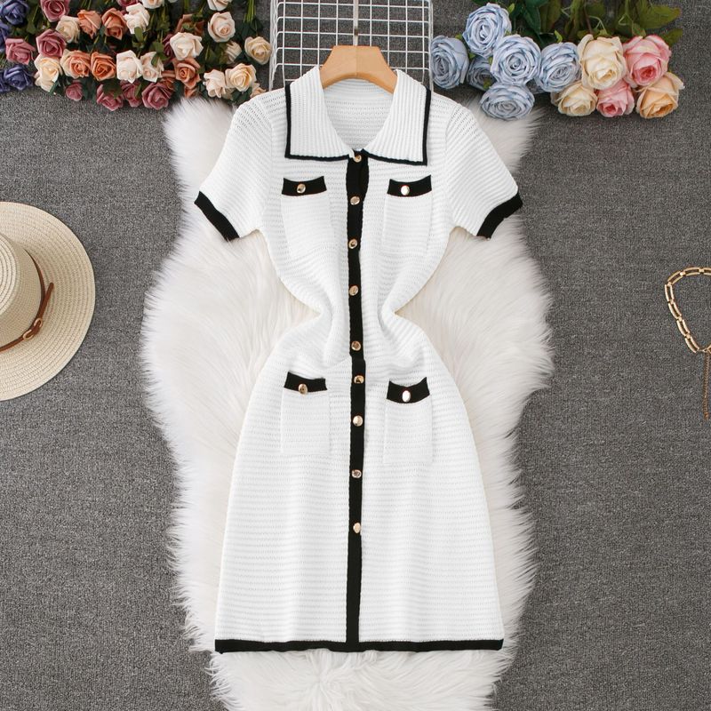 Damenbekleidung Strickkleid Tasche Polokragen Einreihiger Kurzrock_voghion.com