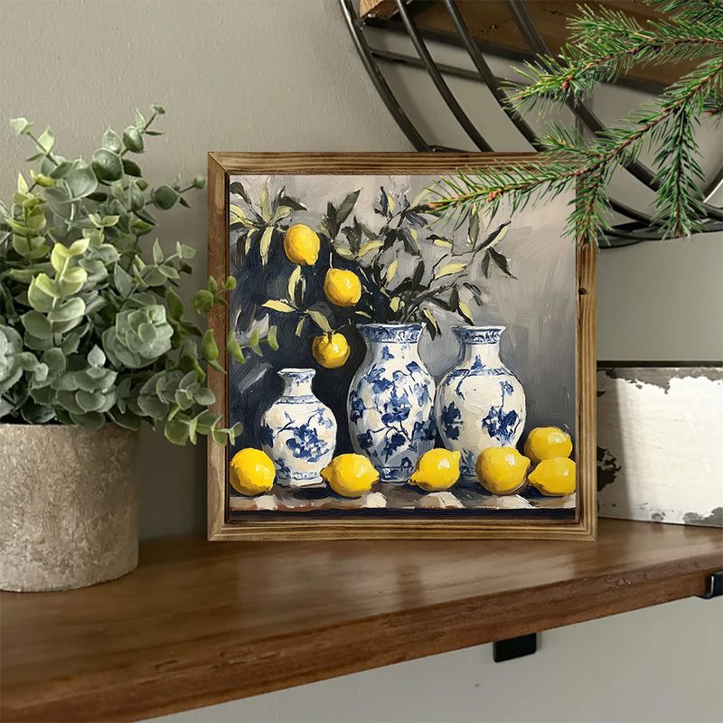 Charming Lemons & Blue Pottery Wooden Sign - 8x8 Inch Framed Farmhouse Decor For Kitchen, Living Room, Cafe - Perfect Gift For Mom & Grandma_voghion.com