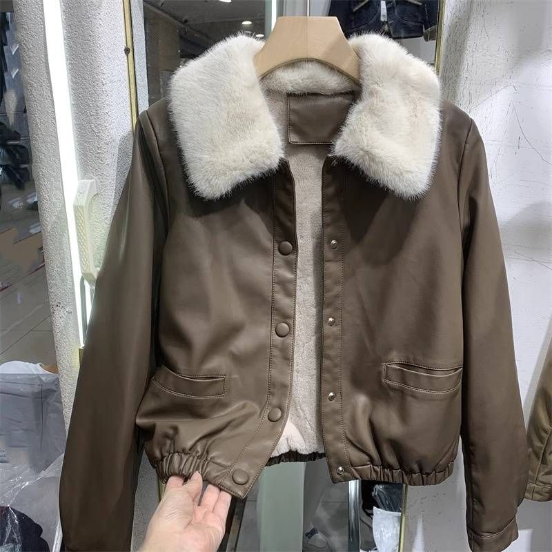 Women's Clothing plus velvet leather jacket women's leather thickened jacket autumn and winter small size large fur collar short top_voghion.com
