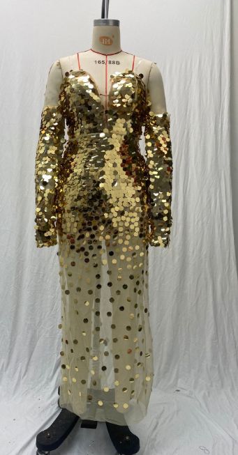 Women's Clothing Dress Sequined One-Shoulder Sexy Mesh Perspective Long Evening Dress_voghion.com