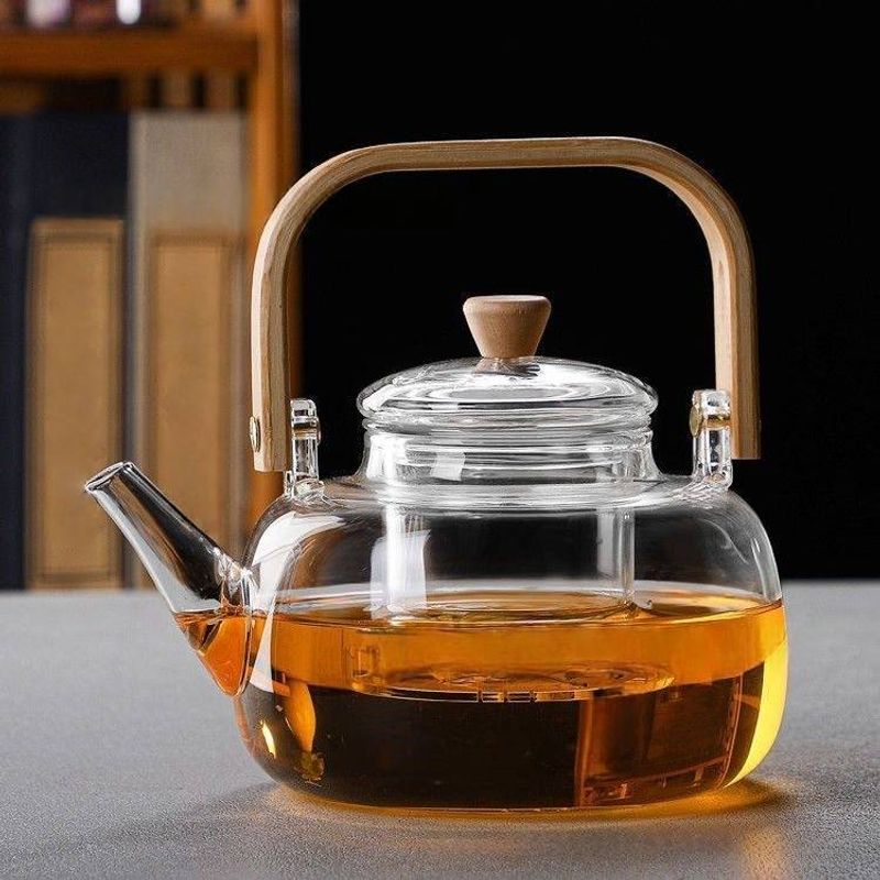 BambooZen Glass Teapot - Thickened Borosilicate With Wooden Handle (1.2L, Stovetop Safe, High-Temperature Resistant)_voghion.com