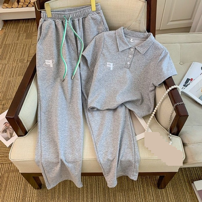 Women's Clothing Casual Sports Suit Women's Summer Polo Collar Short Sleeved Short Top Wide Leg Trousers Two Piece Suit_voghion.com