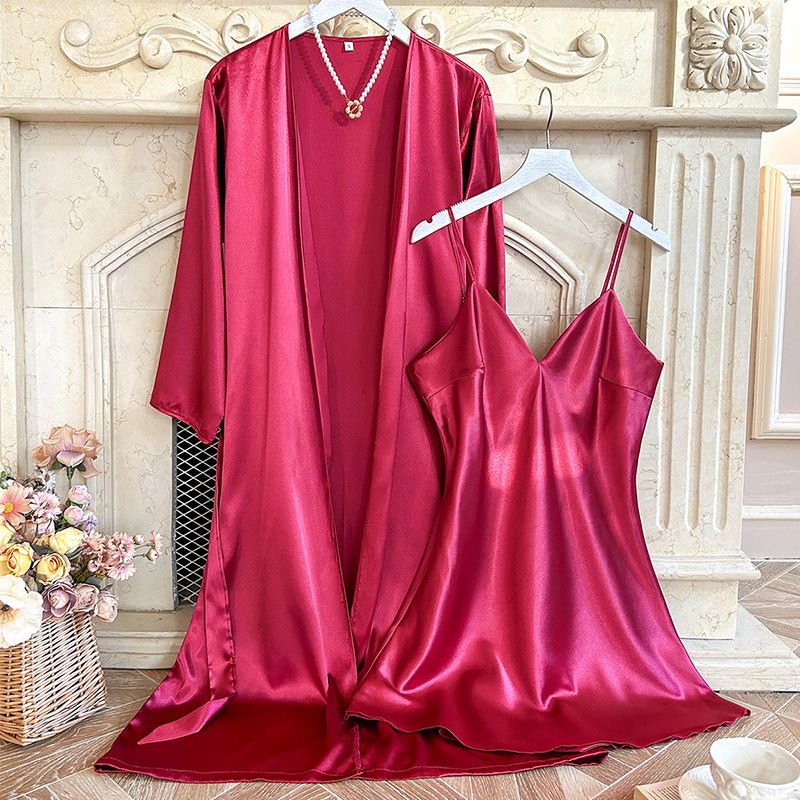 Women's Sleepwears lace up nightgown suspender suit female fashionable sexy V neck nightdress suit thin silk home clothes_voghion.com
