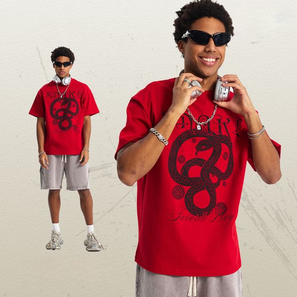 Auspicious Snake Zodiac Printed Herren Kurzarm T-Shirt Rot Festliches Herren T_voghion.com