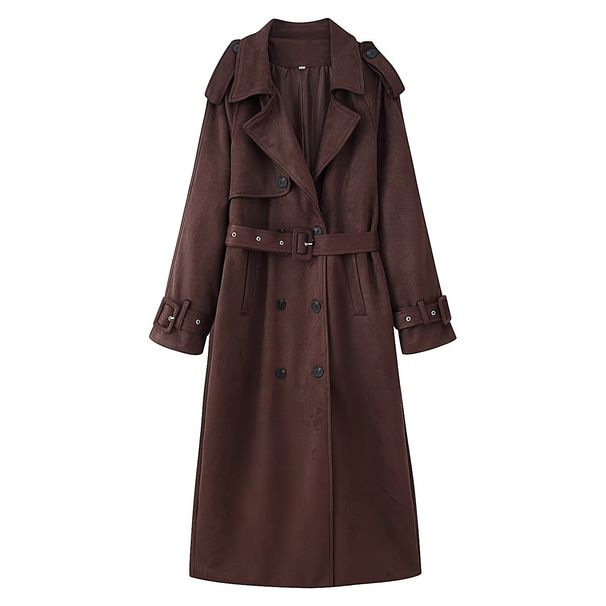 British-Inspired Belted Trench Coat – Oversized Double-Breasted Wool Blend, Longline (S-L, Stone Grey/Taupe)_voghion.com