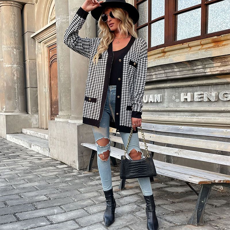 Cappotto maglione scozzese a maniche lunghe da donna_voghion.com