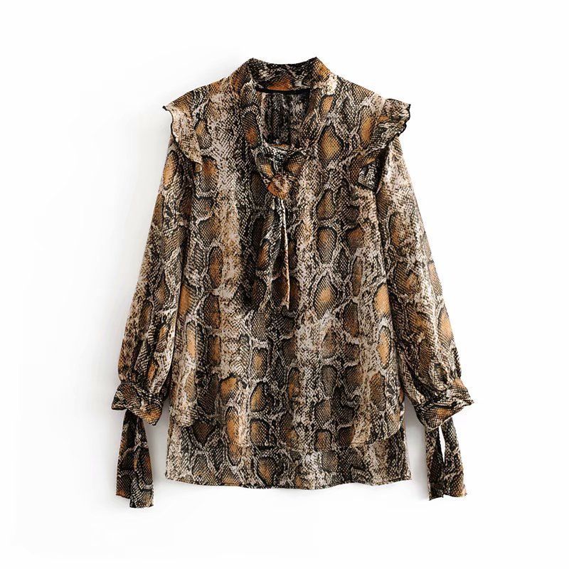 Damen Chiffon Langarmshirt mit Schlangenprint und Spitzenschleifen besetzt_voghion.com