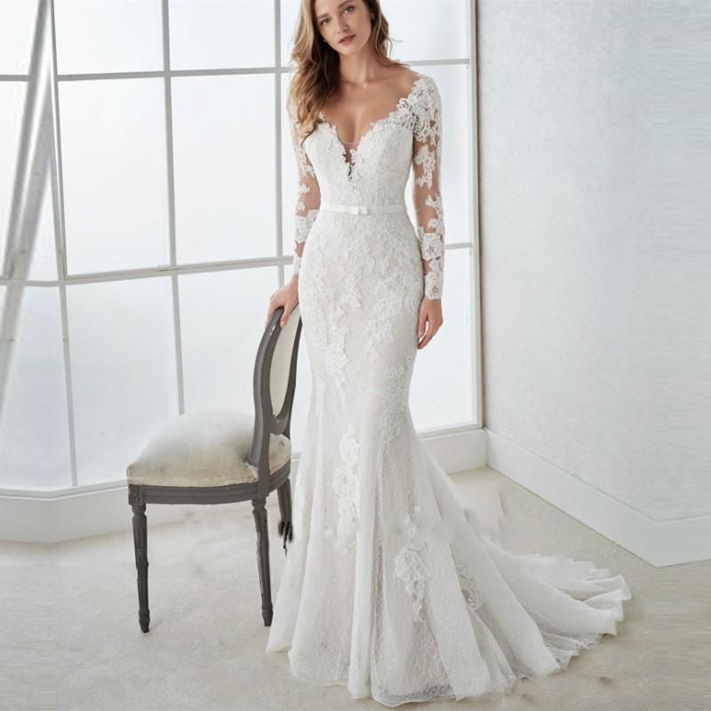 women's Wedding dress  deep V wedding dress wholesale wedding fishtail lace_voghion.com