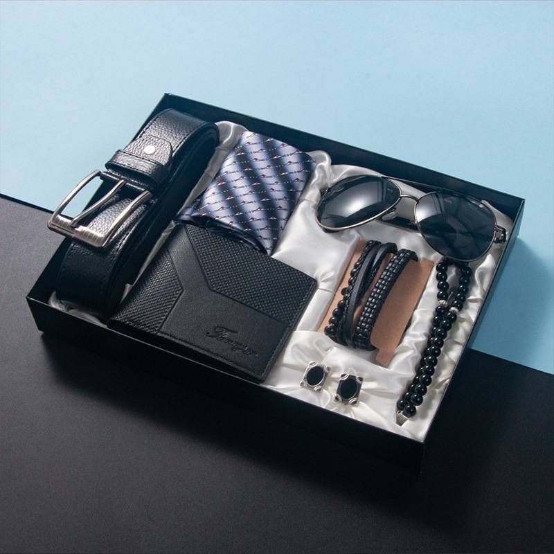 Designer fashion Men's Wallet Gift Box Set Business Tie Cuff Bracelet Belt Sunglasses Beaded Father's Day gift box_voghion.com