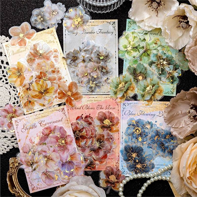 120 piezas/paquete de 6 flores vintage, flores preciosas, materiales para letras, collage de decoración DIY, álbum de recortes, pegatinas de PET_voghion.com