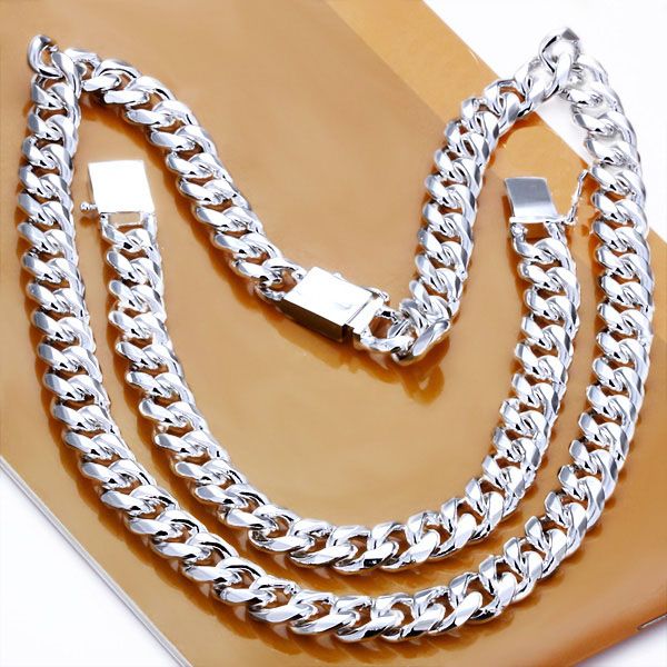 Set di gioielli hip hop da uomo di alta qualità, eleganti collane + bracciali, catena Figaro 1+1 in argento sterling 925_voghion.com