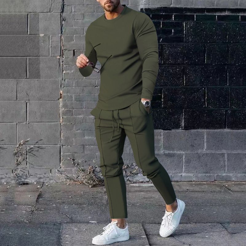 European clothing spring and two-piece round neck, sleeved T-shirt, long pants set, men's autumn casual wear_voghion.com