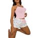 2-teiliges Pyjama-Set für Damen, Weste mit Hosenträgerknöpfen, zweiteiliges Set mit Shorts mit Blumenmuster, bequeme Loungewear_voghion.com