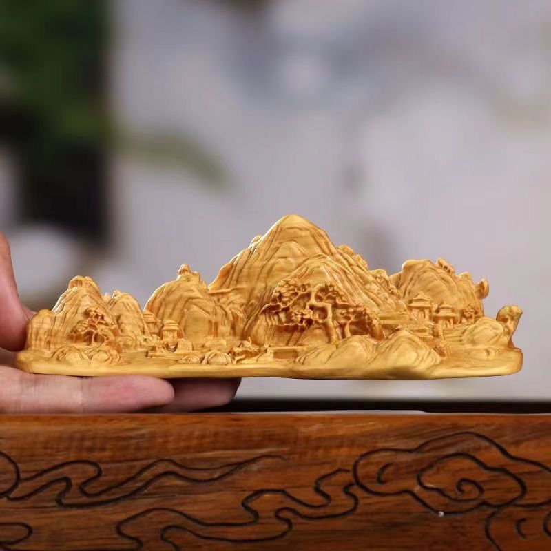 Boxwood Carving Thousand Miles Of Rivers And Mountains Ornament Landscape Painting Rest Pen Holder Handheld Study Gift_voghion.com