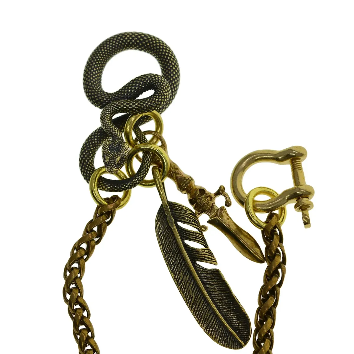 Portachiavi con gancio a forma di serpente in ottone massiccio, per pantaloni da motociclista, con catena, teschio, pugnale, piuma, regalo Edc 250430_voghion.com