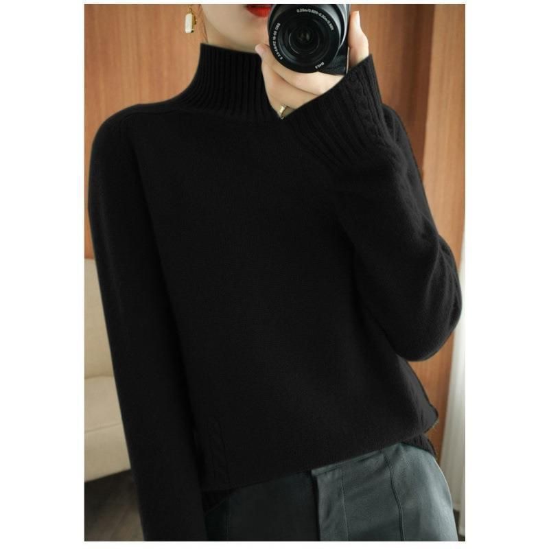 【 Cashmere Family】 Maglione autunnale e invernale a collo alto corto in lana da donna con strato interno spesso_voghion.com