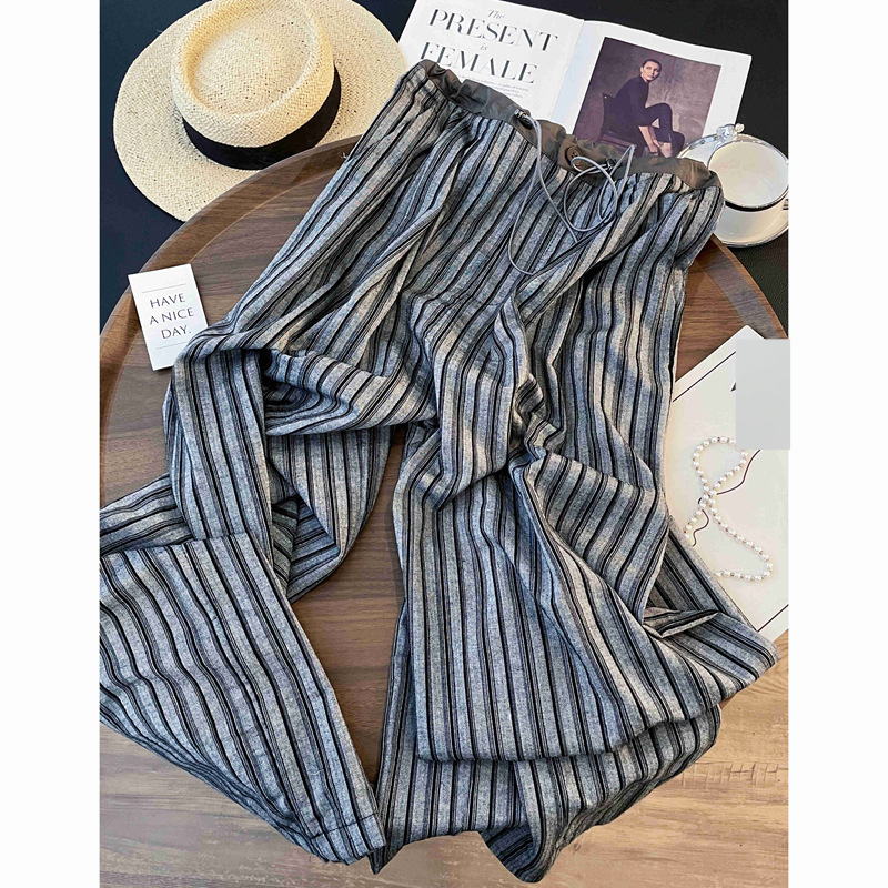 Women's Clothing Summer Thin Ice Silk Striped Cool Wide Leg Pants For Women With Small Stature High Waist Casual Pants Drape Narrow Straight Trousers_voghion.com
