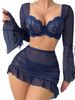 Set di lingerie sexy da donna, in rete trasparente, con maniche a campana, reggiseno push-up, minigonna e perizoma, 3 pezzi_voghion.com