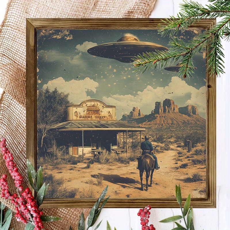 "8x8" Vintage UFO & Cowboys Wood Sign - Desert Scene Wall Art For Living Room, Bedroom, Office | Unique Holiday Gift_voghion.com