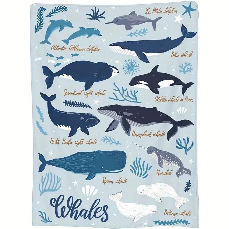 Cozy Whale Pattern Flannel Blanket Soft And Warm Suitable For Sofa Bed Office_voghion.com